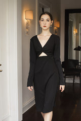 Silk Midi Dress with Long Sleeves and Front Twist Cut-Out for Modern Elegant Styling