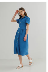 Tailored Button-Down Linen Midi Dress with Short Sleeves