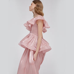 Ruffled V-Neck Midi Dress in Chiffon Organza with Flared Peplum and Layered Skirt