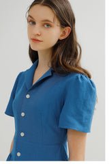 Tailored Button-Down Linen Midi Dress with Short Sleeves