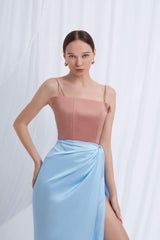 Silk draped maxi skirt with high slit and gathered wrap detail at the waist