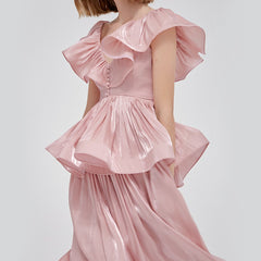 Ruffled V-Neck Midi Dress in Chiffon Organza with Flared Peplum and Layered Skirt