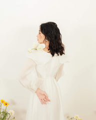 Elegant A-Line Organza Midi Dress with Sculpted Ruffle Collar and Sheer Long Sleeves