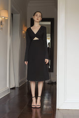 Silk Midi Dress with Long Sleeves and Front Twist Cut-Out for Modern Elegant Styling