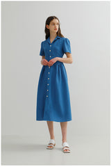 Tailored Button-Down Linen Midi Dress with Short Sleeves