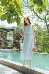 Tiered pleated midi organza dress with spaghetti straps and flowy silhouette