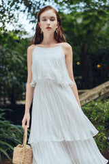 Flowy pleated organza dress with ruffle hem and cold-shoulder strap detail