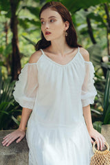 Cold-Shoulder Midi Organza Dress with Ruffle Sleeves and Flowy Silhouette