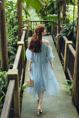 Cold Shoulder Tiered Midi Dress in Sheer Organza with Puff Sleeves and Relaxed Fit