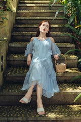 Cold Shoulder Tiered Midi Dress in Sheer Organza with Puff Sleeves and Relaxed Fit