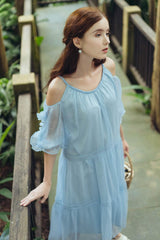 Cold Shoulder Tiered Midi Dress in Sheer Organza with Puff Sleeves and Relaxed Fit