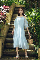Cold Shoulder Tiered Midi Dress in Sheer Organza with Puff Sleeves and Relaxed Fit