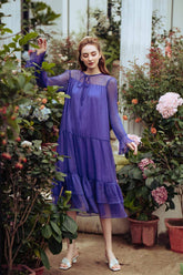 Long Sleeve Tiered Midi Dress in Lightweight Organza with Sheer Yoke and Ruffle Details