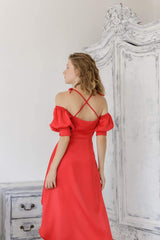 Off-shoulder silk dress with sweetheart neckline and high-low hem for elegant silhouette