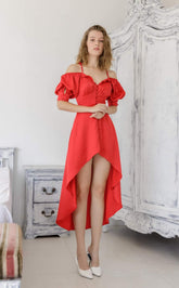 Off-shoulder silk dress with sweetheart neckline and high-low hem for elegant silhouette