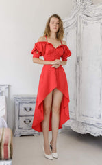 Off-shoulder silk dress with sweetheart neckline and high-low hem for elegant silhouette