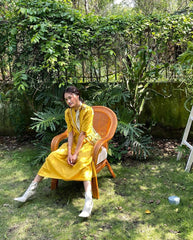 Silk midi dress with puff sleeves, button front detail and gathered tiered skirt