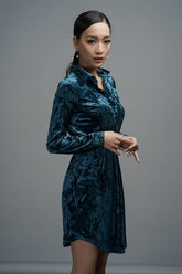 Crushed velvet mini shirt dress with tailored fit and button-front detail for chic styling