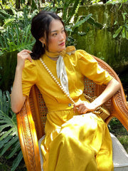 Silk midi dress with puff sleeves, button front detail and gathered tiered skirt