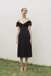 Silk dress with off-shoulder puff sleeves and midi A-line silhouette for elegant occasions