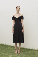 Silk dress with off-shoulder puff sleeves and midi A-line silhouette for elegant occasions