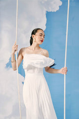 Spaghetti Strap Silk Dress with Pleated Midi Skirt and Relaxed Overlay