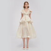 Ruffled V-Neck Midi Dress in Chiffon Organza with Tiered Peplum and Flowing Skirt