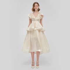 Ruffled V-Neck Midi Dress in Chiffon Organza with Tiered Peplum and Flowing Skirt