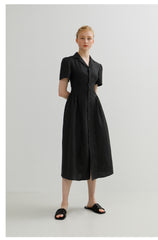 Tailored Linen Shirt Dress with Short Sleeves and Button Front