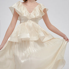 Ruffled V-Neck Midi Dress in Chiffon Organza with Tiered Peplum and Flowing Skirt