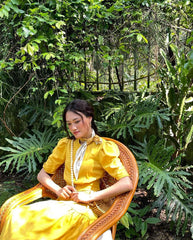 Silk midi dress with puff sleeves, button front detail and gathered tiered skirt