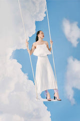 Spaghetti Strap Silk Dress with Pleated Midi Skirt and Relaxed Overlay