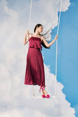 Spaghetti Strap Silk Dress with Pleated Midi Skirt and Relaxed Overlay