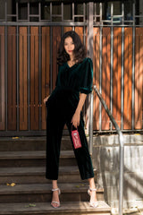 Soft velvet blouse with puffed half sleeves and ruched waistline for elegant evening wear