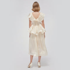 Ruffled V-Neck Midi Dress in Chiffon Organza with Tiered Peplum and Flowing Skirt