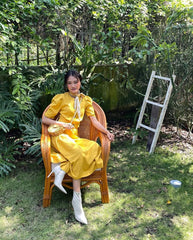 Silk midi dress with puff sleeves, button front detail and gathered tiered skirt