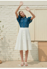 High-Waisted Button-Front Linen Skirt