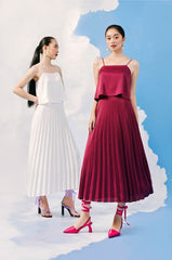 Spaghetti Strap Silk Dress with Pleated Midi Skirt and Relaxed Overlay