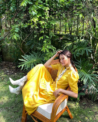 Silk midi dress with puff sleeves, button front detail and gathered tiered skirt