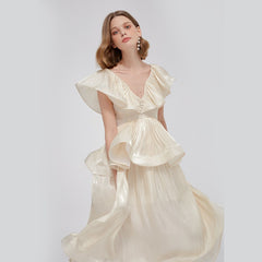 Ruffled V-Neck Midi Dress in Chiffon Organza with Tiered Peplum and Flowing Skirt