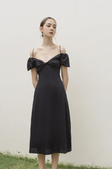 Silk dress with off-shoulder puff sleeves and midi A-line silhouette for elegant occasions