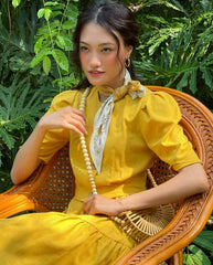 Silk midi dress with puff sleeves, button front detail and gathered tiered skirt