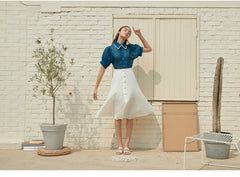High-Waisted Button-Front Linen Skirt