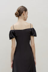 Silk dress with off-shoulder puff sleeves and midi A-line silhouette for elegant occasions