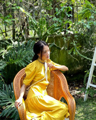 Silk midi dress with puff sleeves, button front detail and gathered tiered skirt