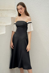 Off-Shoulder Silk Organza Midi Dress with Pleated Puff Sleeves and Fitted Waistline