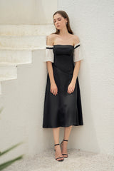 Off-Shoulder Silk Organza Midi Dress with Pleated Puff Sleeves and Fitted Waistline