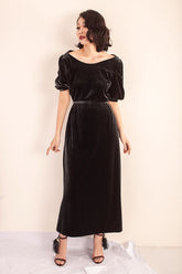 Velvet maxi dress with puff sleeves and soft drape for elegant evening or occasion wear