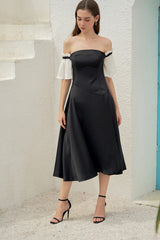 Off-Shoulder Silk Organza Midi Dress with Pleated Puff Sleeves and Fitted Waistline