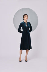Fitted velvet midi dress with pearl button accents and mandarin collar neckline